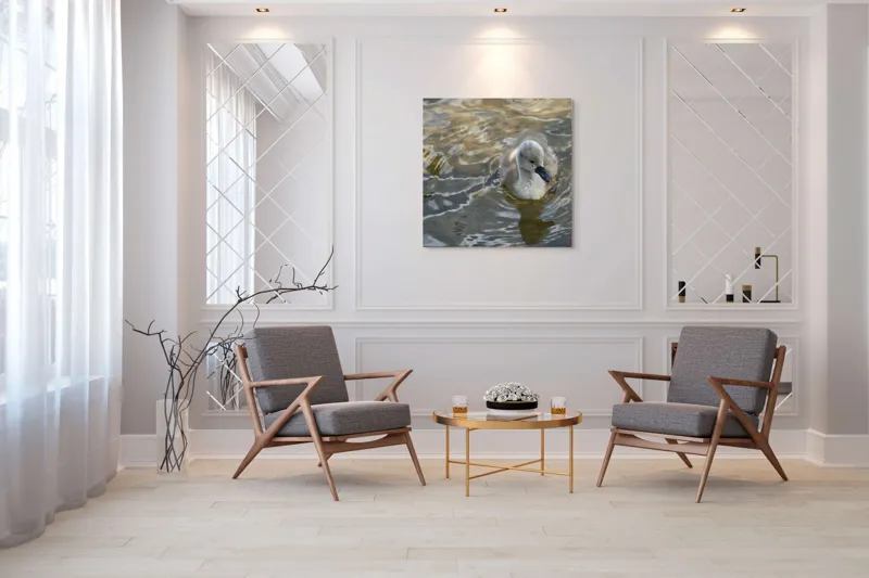 Tablou Canvas, "Pui de lebădă pe ape liniștite", Plutire, Răsfrângeri, Pufos, Boboc, Liniște, Apă, 100 x 100 cm – poza 7