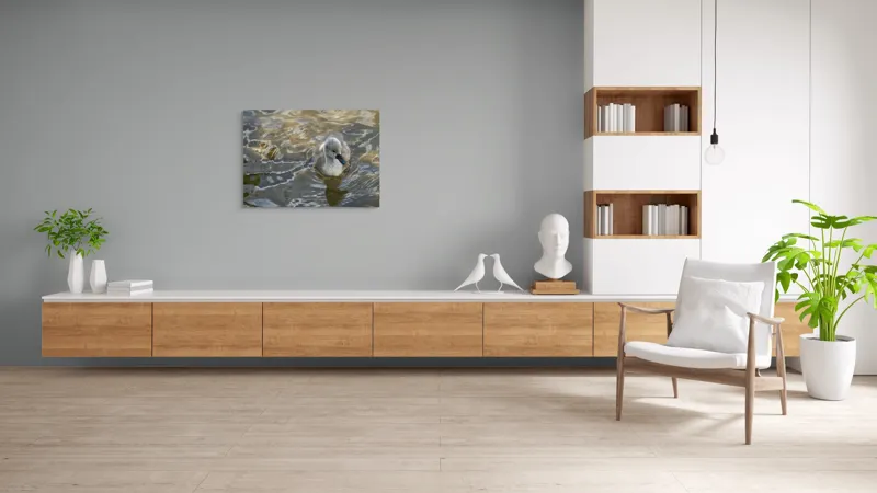 Tablou Canvas, "Pui de lebădă pe ape liniștite", Plutire, Răsfrângeri, Pufos, Boboc, Liniște, Apă, 100 x 70 cm – poza 6