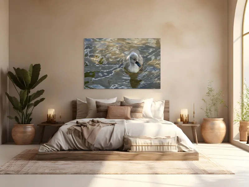 Tablou Canvas, "Pui de lebădă pe ape liniștite", Plutire, Răsfrângeri, Pufos, Boboc, Liniște, Apă, 150 x 100 cm – poza 4