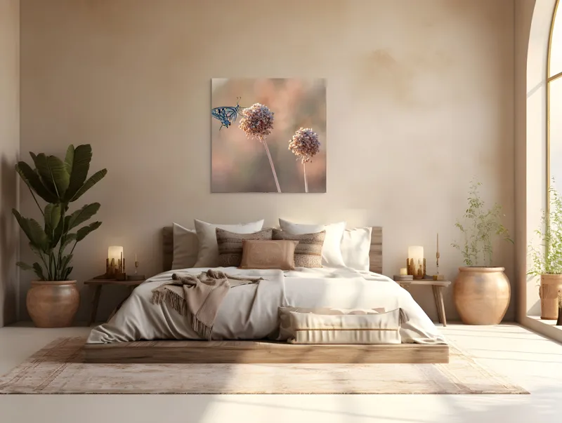 Tablou Canvas, "Fluture pe floare uscată în lumină", Fluture, Floare, Fragilitate, Natură, Delicatețe, Eteric, Lumină, Echilibru, 100 x 100 cm – poza 4