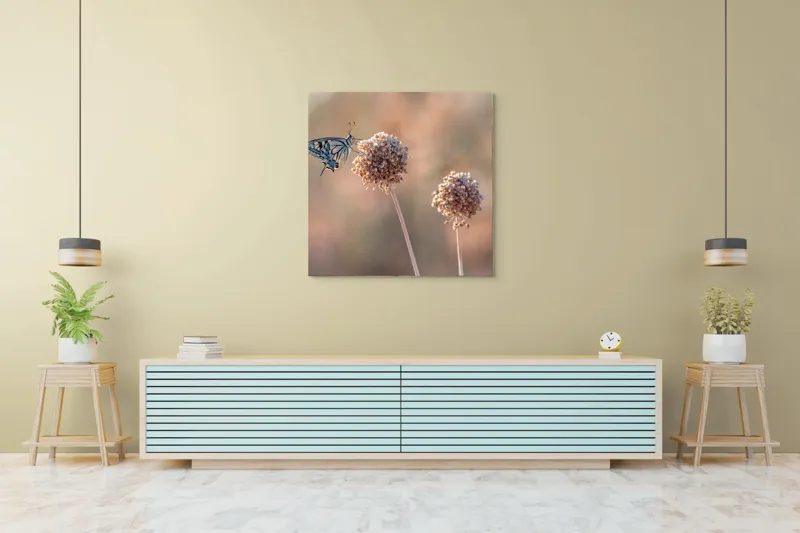 Tablou Canvas, "Fluture pe floare uscată în lumină", Fluture, Floare, Fragilitate, Natură, Delicatețe, Eteric, Lumină, Echilibru, 100 x 100 cm – poza 5