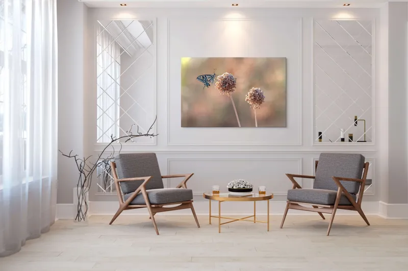 Tablou Canvas, "Fluture pe floare uscată în lumină", Fluture, Floare, Fragilitate, Natură, Delicatețe, Eteric, Lumină, Echilibru, 150 x 100 cm – poza 7