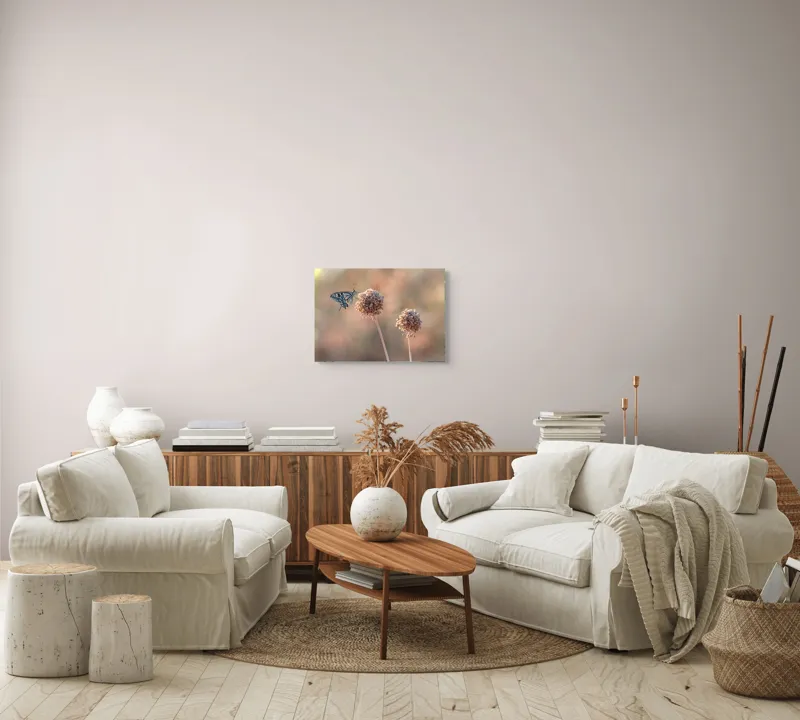 Tablou Canvas, "Fluture pe floare uscată în lumină", Fluture, Floare, Fragilitate, Natură, Delicatețe, Eteric, Lumină, Echilibru, 54 x 39 cm – poza 5