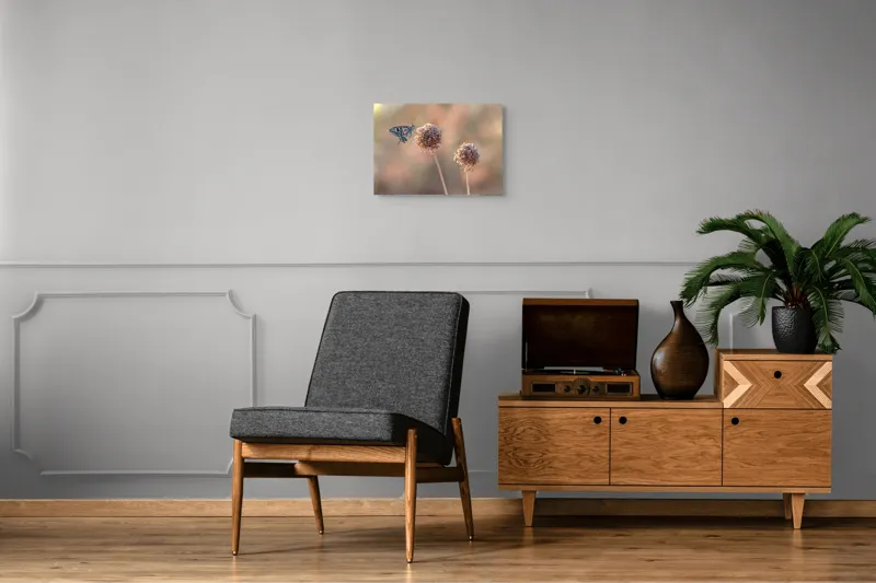 Tablou Canvas, "Fluture pe floare uscată în lumină", Fluture, Floare, Fragilitate, Natură, Delicatețe, Eteric, Lumină, Echilibru, 54 x 39 cm – poza 7