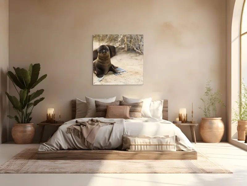 Tablou Canvas, "Leul de mare pe plajă liniștit", Focă, Plajă, Nisip, Vegetație, Blană, Ochi Curioși, Înotătoare, Natură, Relaxare, Habitat., 100 x 100 cm – poza 4