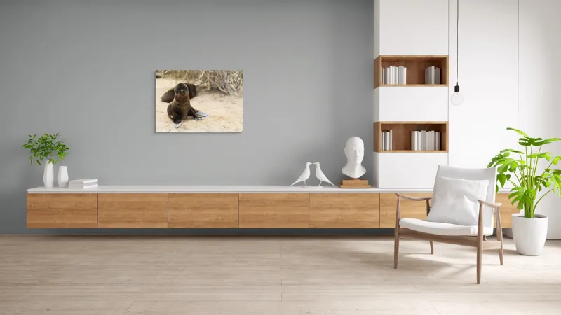 Tablou Canvas, "Leul de mare pe plajă liniștit", Focă, Plajă, Nisip, Vegetație, Blană, Ochi Curioși, Înotătoare, Natură, Relaxare, Habitat., 100 x 70 cm – poza 6