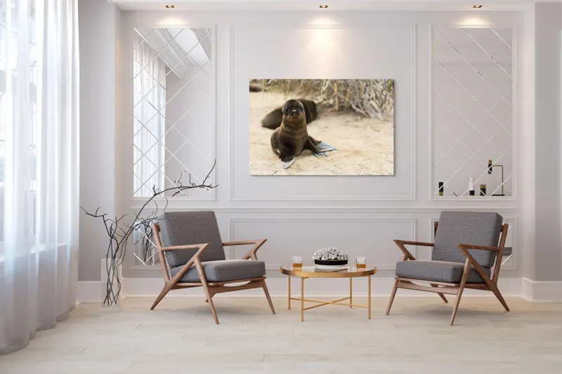 Tablou Canvas, "Leul de mare pe plajă liniștit", Focă, Plajă, Nisip, Vegetație, Blană, Ochi Curioși, Înotătoare, Natură, Relaxare, Habitat., 150 x 100 cm – poza 7