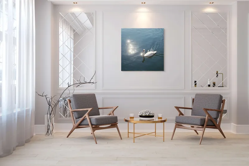 Tablou Canvas, "Lacul liniștit al lebedei strălucitoare", Lebădă, Apă, Reflexii, Serenitate, Lumină, Natură, Eleganță, Calm, 100 x 100 cm – poza 7