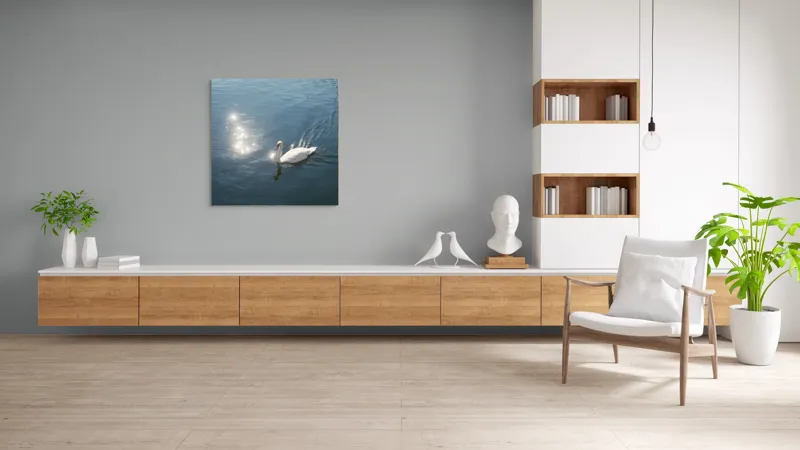 Tablou Canvas, "Lacul liniștit al lebedei strălucitoare", Lebădă, Apă, Reflexii, Serenitate, Lumină, Natură, Eleganță, Calm, 100 x 100 cm – poza 8