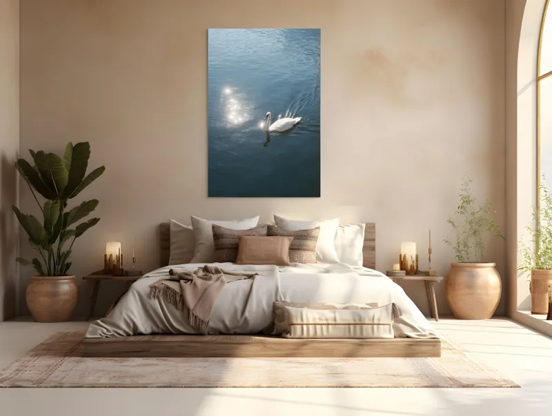 Tablou Canvas, "Lacul liniștit al lebedei strălucitoare", Lebădă, Apă, Reflexii, Serenitate, Lumină, Natură, Eleganță, Calm, 100 x 150 cm – poza 3