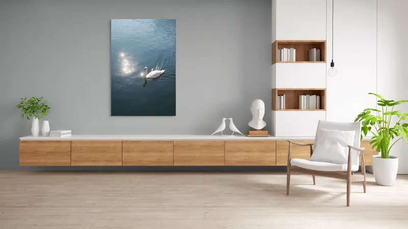 Tablou Canvas, "Lacul liniștit al lebedei strălucitoare", Lebădă, Apă, Reflexii, Serenitate, Lumină, Natură, Eleganță, Calm, 100 x 150 cm – poza 8