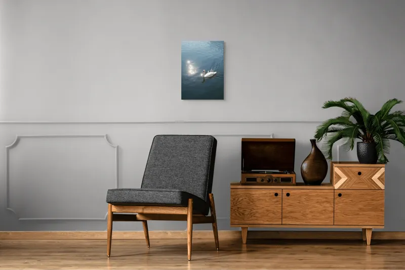 Tablou Canvas, "Lacul liniștit al lebedei strălucitoare", Lebădă, Apă, Reflexii, Serenitate, Lumină, Natură, Eleganță, Calm, 39 x 54 cm – poza 8