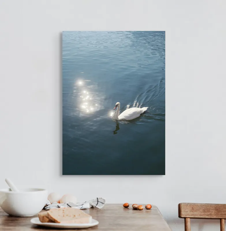 Tablou Canvas, "Lacul liniștit al lebedei strălucitoare", Lebădă, Apă, Reflexii, Serenitate, Lumină, Natură, Eleganță, Calm, 50 x 70 cm – poza 3