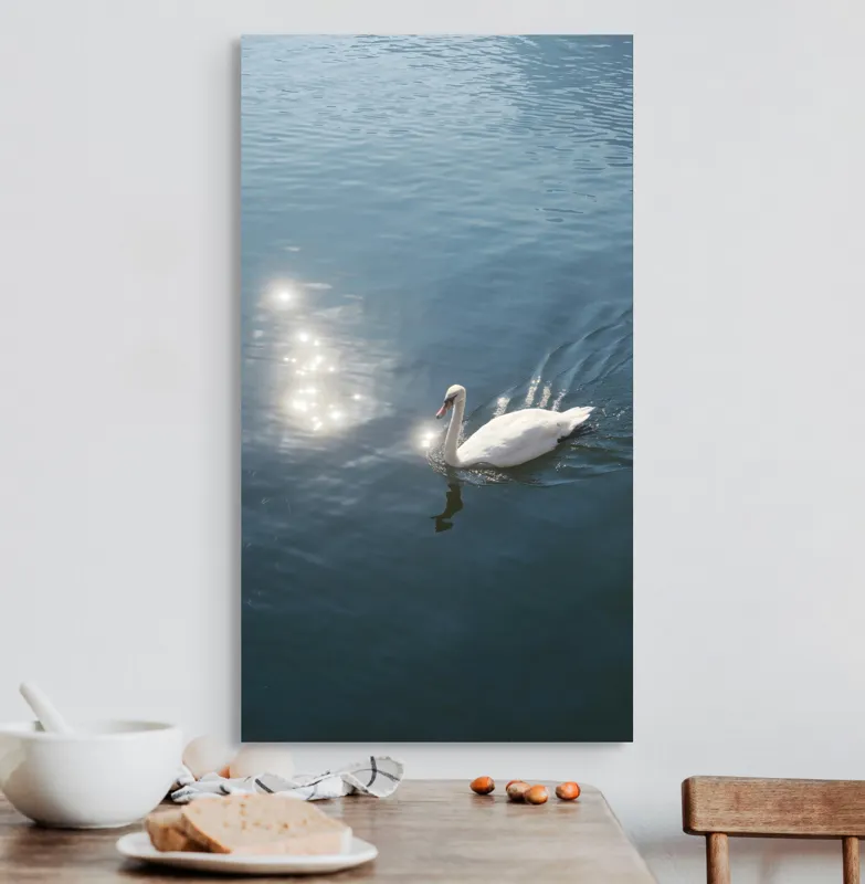 Tablou Canvas, "Lacul liniștit al lebedei strălucitoare", Lebădă, Apă, Reflexii, Serenitate, Lumină, Natură, Eleganță, Calm, 50 x 90 cm – poza 3