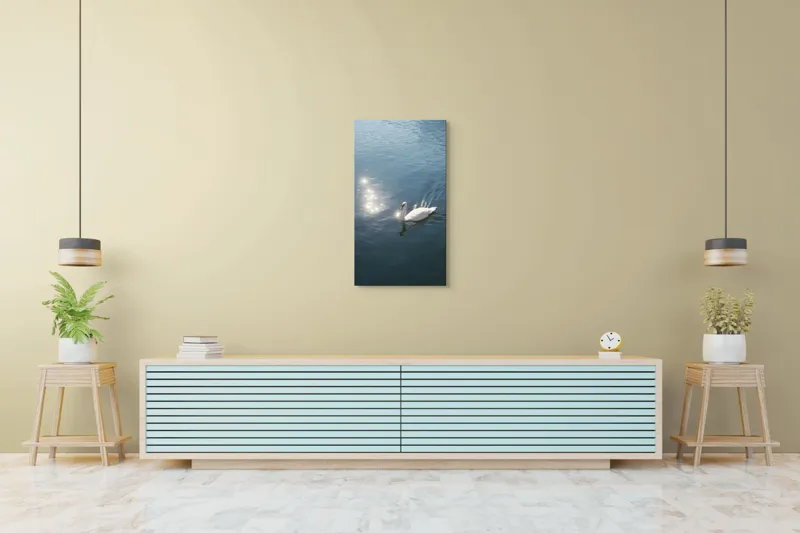 Tablou Canvas, "Lacul liniștit al lebedei strălucitoare", Lebădă, Apă, Reflexii, Serenitate, Lumină, Natură, Eleganță, Calm, 50 x 90 cm – poza 6