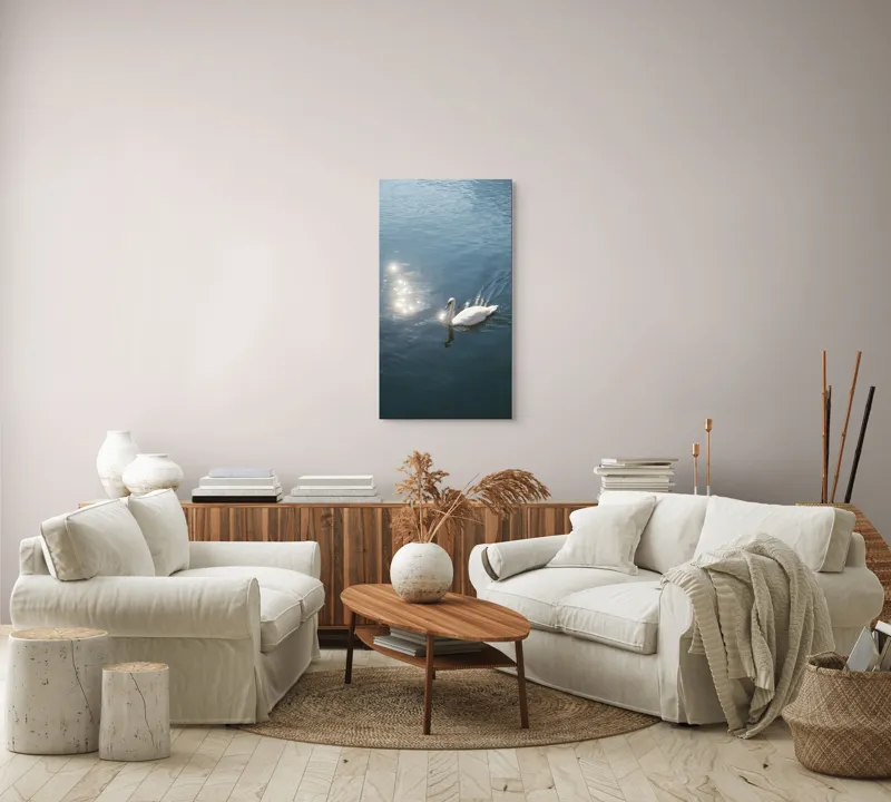 Tablou Canvas, "Lacul liniștit al lebedei strălucitoare", Lebădă, Apă, Reflexii, Serenitate, Lumină, Natură, Eleganță, Calm, 50 x 90 cm – poza 7