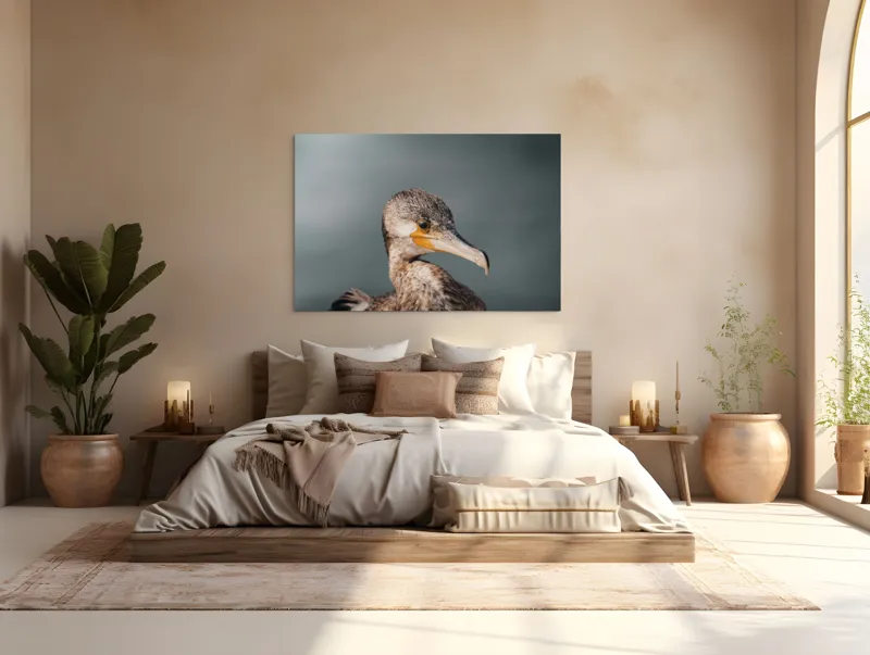 Tablou Canvas, "Cormoranul privind orizontul de apă", Pene, Cioc, Ochi, Apă, Claritate, Natură, Profil, Observație, 150 x 100 cm – poza 4