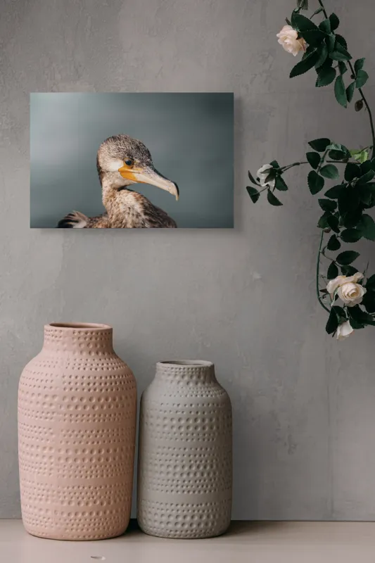 Tablou Canvas, "Cormoranul privind orizontul de apă", Pene, Cioc, Ochi, Apă, Claritate, Natură, Profil, Observație, 39 x 26 cm – poza 4