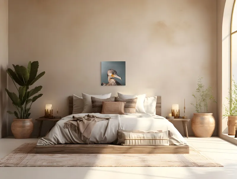 Tablou Canvas, "Cormoranul privind orizontul de apă", Pene, Cioc, Ochi, Apă, Claritate, Natură, Profil, Observație, 50 x 50 cm – poza 5