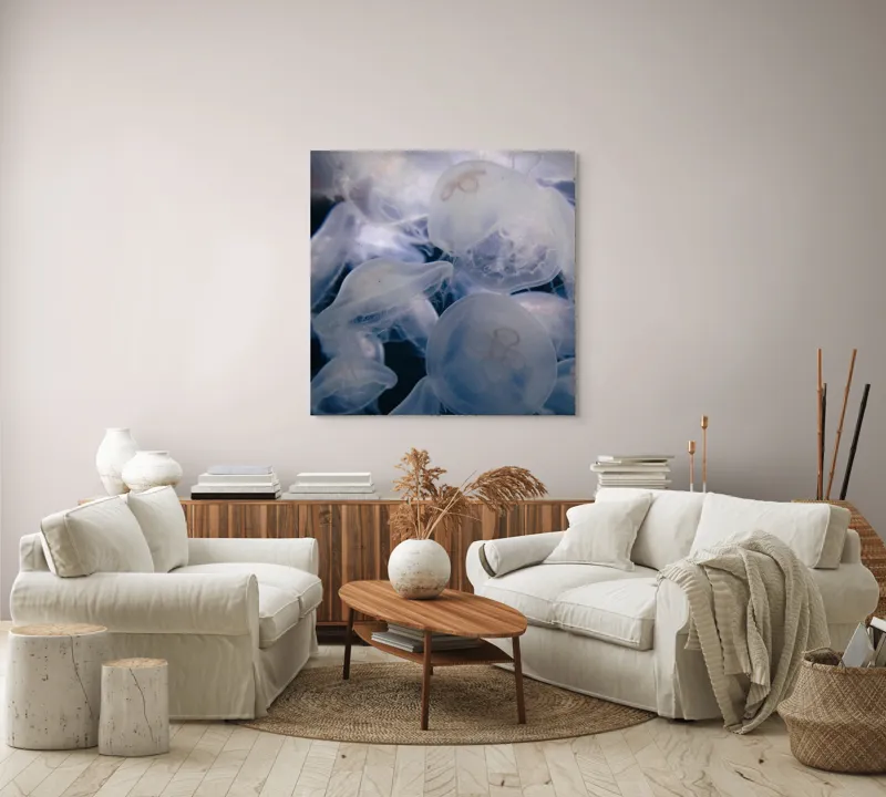 Tablou Canvas, "Dansul meduzelor sub clar de lună", Translucid, Eteric, Misterios, Marin, Grațios, 100 x 100 cm – poza 3