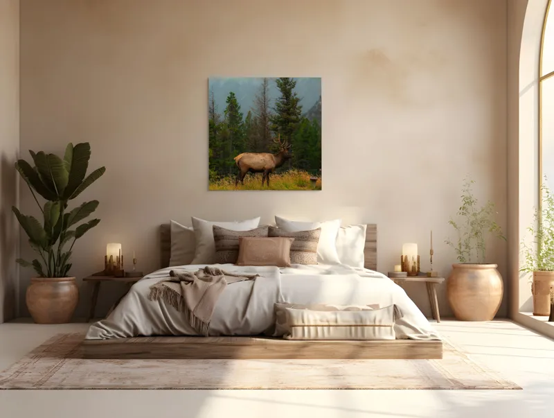 Tablou Canvas, "Cerbul solitar în ploaia de toamnă", Munte, Cerb, Copaci, Iarbă, Ceață, Natură, Serenitate, Pădure, Peisaj, Plimbare, 100 x 100 cm – poza 4
