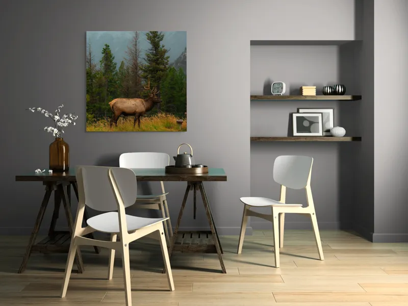 Tablou Canvas, "Cerbul solitar în ploaia de toamnă", Munte, Cerb, Copaci, Iarbă, Ceață, Natură, Serenitate, Pădure, Peisaj, Plimbare, 100 x 100 cm – poza 6