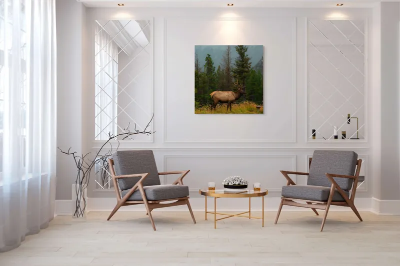 Tablou Canvas, "Cerbul solitar în ploaia de toamnă", Munte, Cerb, Copaci, Iarbă, Ceață, Natură, Serenitate, Pădure, Peisaj, Plimbare, 100 x 100 cm – poza 7