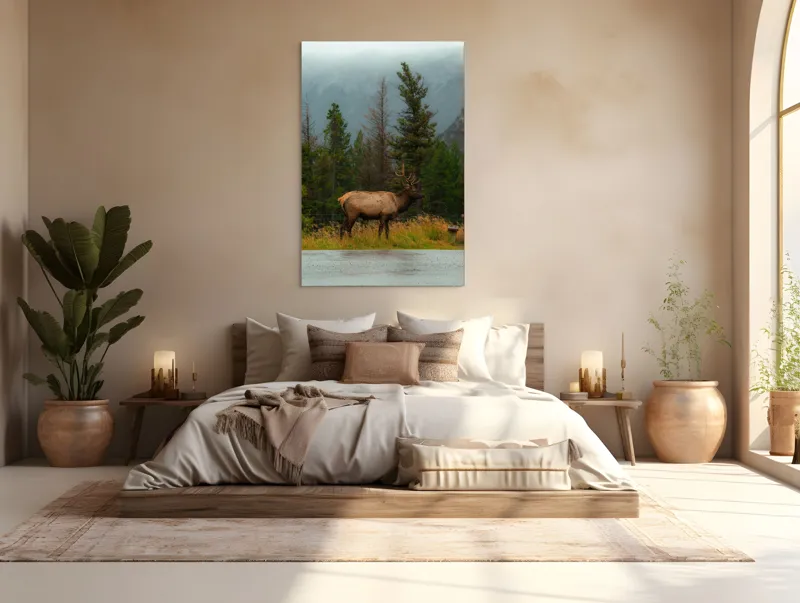 Tablou Canvas, "Cerbul solitar în ploaia de toamnă", Munte, Cerb, Copaci, Iarbă, Ceață, Natură, Serenitate, Pădure, Peisaj, Plimbare, 100 x 150 cm – poza 3