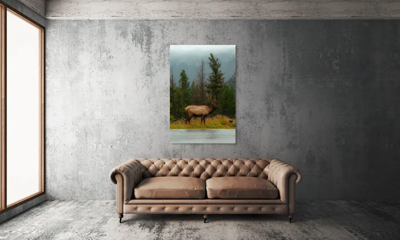 Tablou Canvas, "Cerbul solitar în ploaia de toamnă", Munte, Cerb, Copaci, Iarbă, Ceață, Natură, Serenitate, Pădure, Peisaj, Plimbare, 100 x 150 cm – poza 6