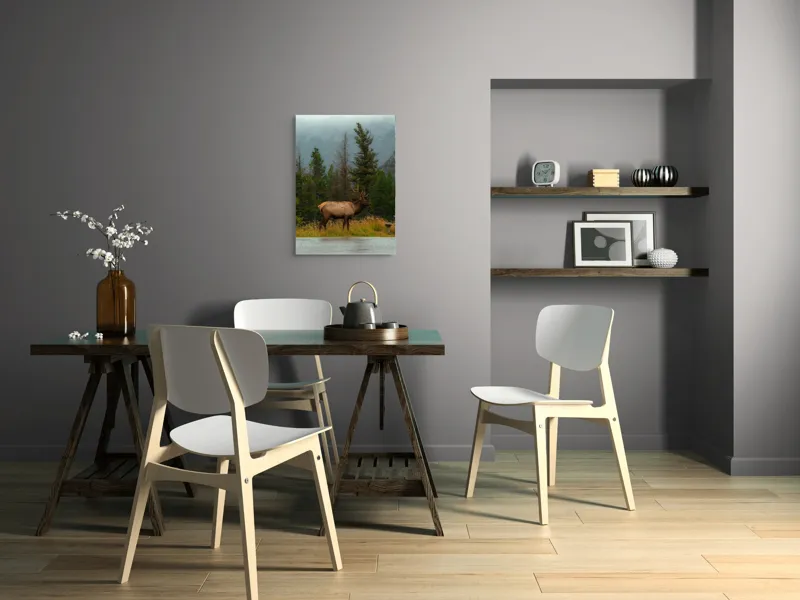 Tablou Canvas, "Cerbul solitar în ploaia de toamnă", Munte, Cerb, Copaci, Iarbă, Ceață, Natură, Serenitate, Pădure, Peisaj, Plimbare, 50 x 70 cm – poza 5