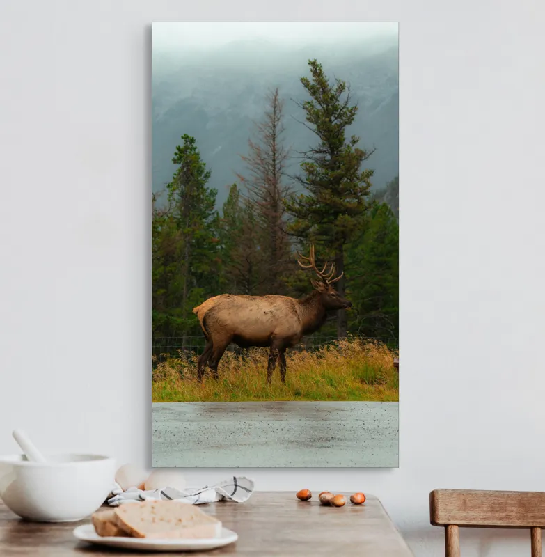 Tablou Canvas, "Cerbul solitar în ploaia de toamnă", Munte, Cerb, Copaci, Iarbă, Ceață, Natură, Serenitate, Pădure, Peisaj, Plimbare, 50 x 90 cm – poza 3