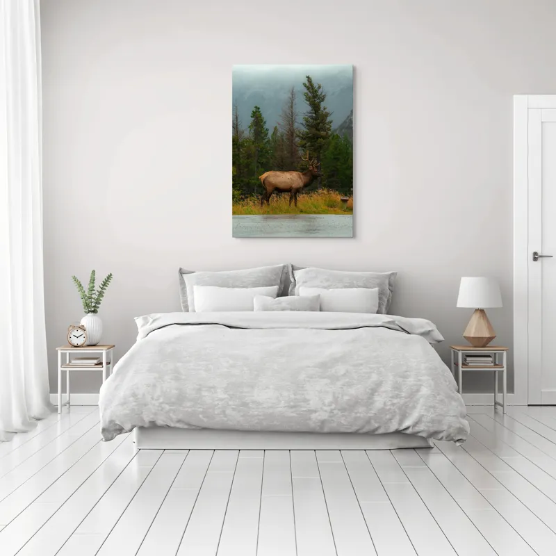 Tablou Canvas, "Cerbul solitar în ploaia de toamnă", Munte, Cerb, Copaci, Iarbă, Ceață, Natură, Serenitate, Pădure, Peisaj, Plimbare, 70 x 100 cm – poza 3