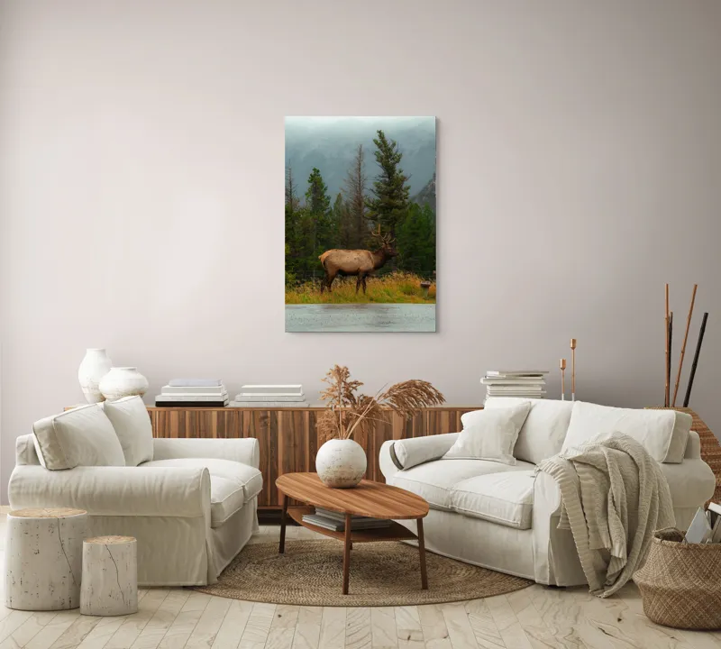 Tablou Canvas, "Cerbul solitar în ploaia de toamnă", Munte, Cerb, Copaci, Iarbă, Ceață, Natură, Serenitate, Pădure, Peisaj, Plimbare, 70 x 100 cm – poza 4
