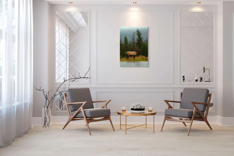 Tablou Canvas, "Cerbul solitar în ploaia de toamnă", Munte, Cerb, Copaci, Iarbă, Ceață, Natură, Serenitate, Pădure, Peisaj, Plimbare, 70 x 100 cm – poza 8