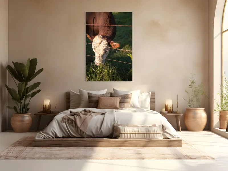 Tablou Canvas, "Vaca pășunând lângă gardul de sârmă", Iarbă, Apus, Vacă, Gard, Sârmă, Verde, Blând, Natural, Teren, Pășune., 100 x 150 cm – poza 3