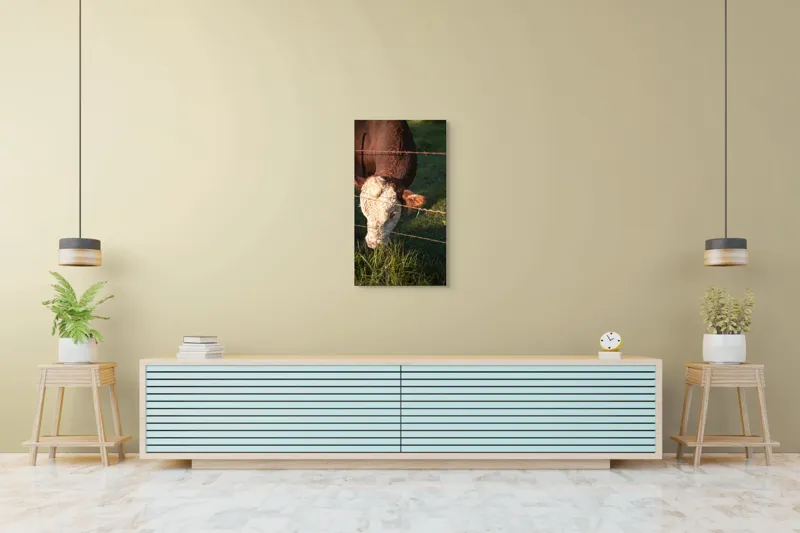 Tablou Canvas, "Vaca pășunând lângă gardul de sârmă", Iarbă, Apus, Vacă, Gard, Sârmă, Verde, Blând, Natural, Teren, Pășune., 50 x 90 cm – poza 6