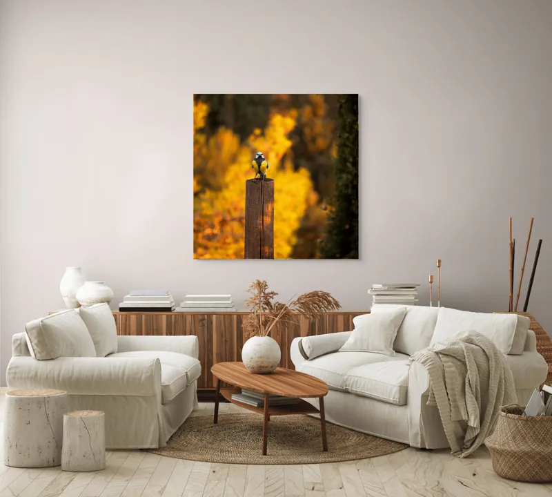 Tablou Canvas, "Pasăre solitară în amurg de toamnă", Pasăre, Culori, Toamnă, Natură, Frumusețe, 100 x 100 cm – poza 3
