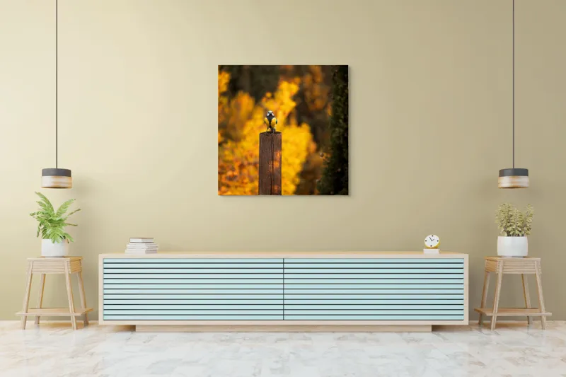 Tablou Canvas, "Pasăre solitară în amurg de toamnă", Pasăre, Culori, Toamnă, Natură, Frumusețe, 100 x 100 cm – poza 5
