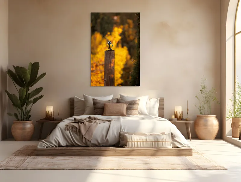 Tablou Canvas, "Pasăre solitară în amurg de toamnă", Pasăre, Culori, Toamnă, Natură, Frumusețe, 100 x 150 cm – poza 3