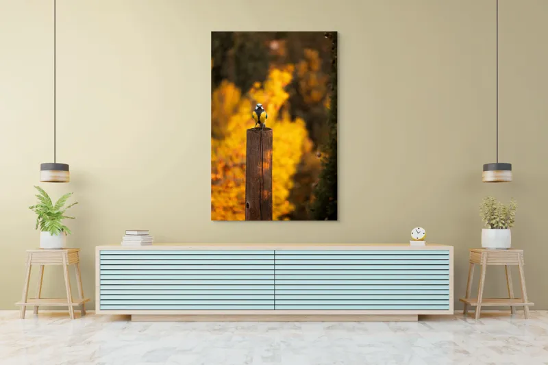 Tablou Canvas, "Pasăre solitară în amurg de toamnă", Pasăre, Culori, Toamnă, Natură, Frumusețe, 100 x 150 cm – poza 4