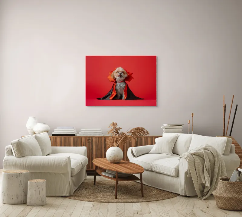 Tablou Canvas, "Câinele vampir în mantie roșie", Câine, Costum, Vampir, Fundal Roșu, Blană Pufoasă, Guler Portocaliu, Zâmbet Drăgălaș, 100 x 70 cm – poza 3