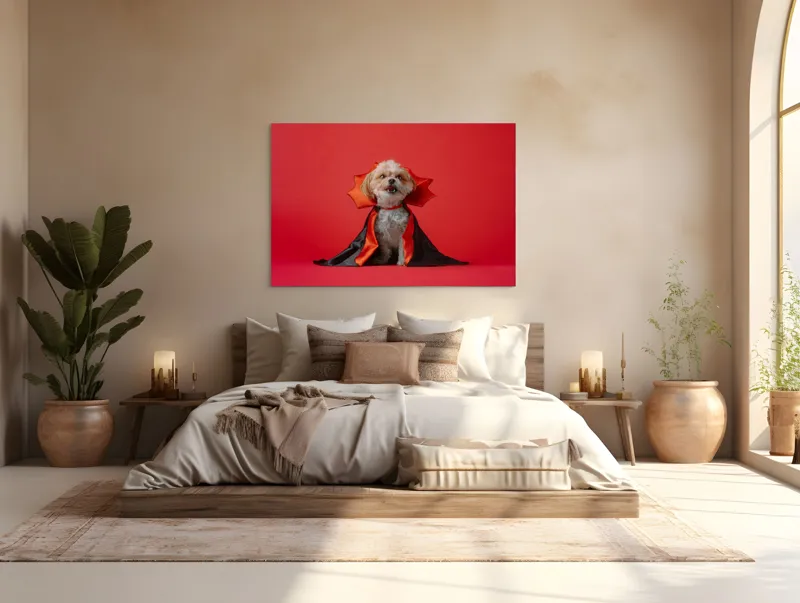 Tablou Canvas, "Câinele vampir în mantie roșie", Câine, Costum, Vampir, Fundal Roșu, Blană Pufoasă, Guler Portocaliu, Zâmbet Drăgălaș, 150 x 100 cm – poza 4