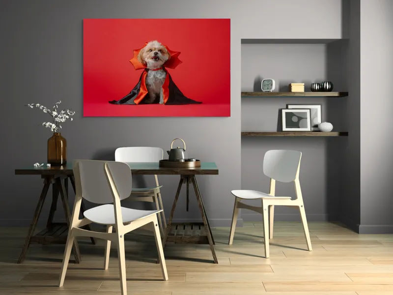 Tablou Canvas, "Câinele vampir în mantie roșie", Câine, Costum, Vampir, Fundal Roșu, Blană Pufoasă, Guler Portocaliu, Zâmbet Drăgălaș, 150 x 100 cm – poza 5