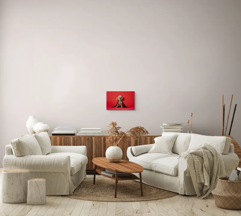 Tablou Canvas, "Câinele vampir în mantie roșie", Câine, Costum, Vampir, Fundal Roșu, Blană Pufoasă, Guler Portocaliu, Zâmbet Drăgălaș, 39 x 26 cm – poza 7