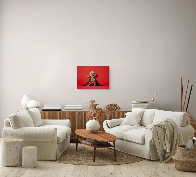 Tablou Canvas, "Câinele vampir în mantie roșie", Câine, Costum, Vampir, Fundal Roșu, Blană Pufoasă, Guler Portocaliu, Zâmbet Drăgălaș, 54 x 39 cm – poza 5