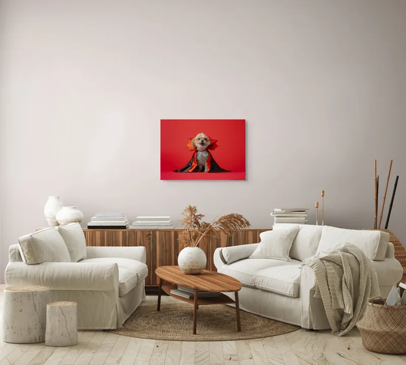 Tablou Canvas, "Câinele vampir în mantie roșie", Câine, Costum, Vampir, Fundal Roșu, Blană Pufoasă, Guler Portocaliu, Zâmbet Drăgălaș, 70 x 50 cm – poza 6
