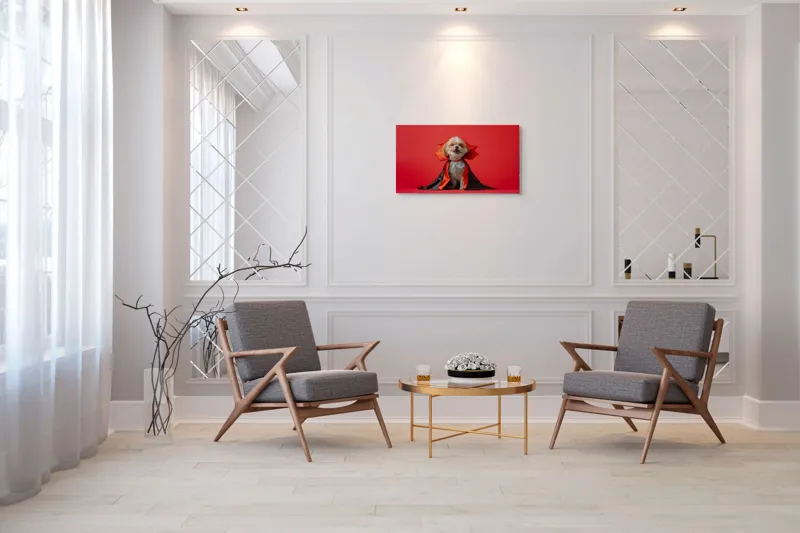 Tablou Canvas, "Câinele vampir în mantie roșie", Câine, Costum, Vampir, Fundal Roșu, Blană Pufoasă, Guler Portocaliu, Zâmbet Drăgălaș, 90 x 50 cm – poza 7