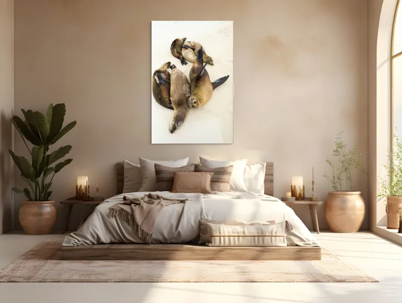 Tablou Canvas, "Leii de mare la odihnă liniștită", Leii, De, Mare, Odihnă, Nisip, Plajă, Relaxare, Soare, Somn, Natură, 100 x 150 cm – poza 3