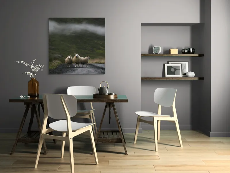 Tablou Canvas, "Oile rătăcite pe drumul întunecat", Oi, Drum, Nor, Verdeață, Natură, Coline, Trio, Peisaj., 100 x 100 cm – poza 6