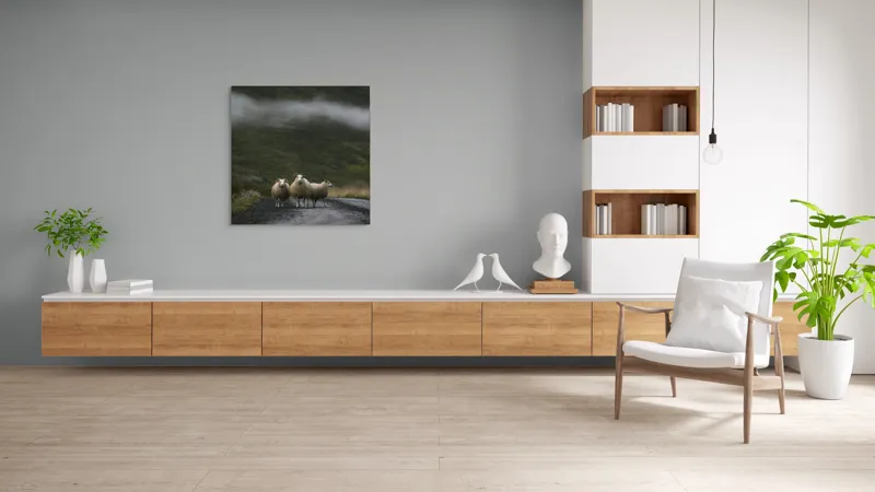 Tablou Canvas, "Oile rătăcite pe drumul întunecat", Oi, Drum, Nor, Verdeață, Natură, Coline, Trio, Peisaj., 100 x 100 cm – poza 8